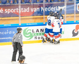 Great Britain celebrate their third goal against Netherlands at the Under-18 Women's World Championship Division II Group A
